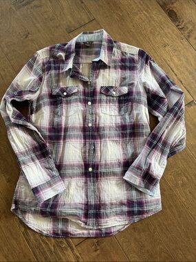 Eddie Bauer White and Purple Plaid Button-Up Shirt